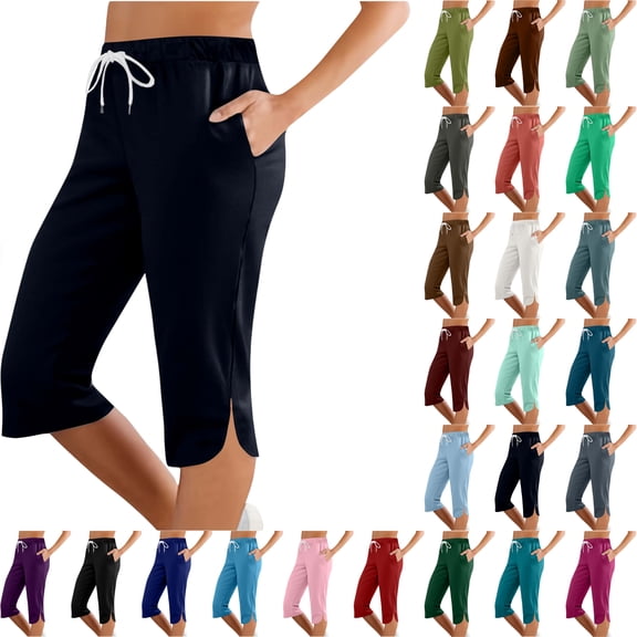 Womens Plus Size Capris Women's Yoga Pants Loose Soft Drawstring Workout Sweatpants Outdoor Athletic Causal Pants With Pockets Navy S