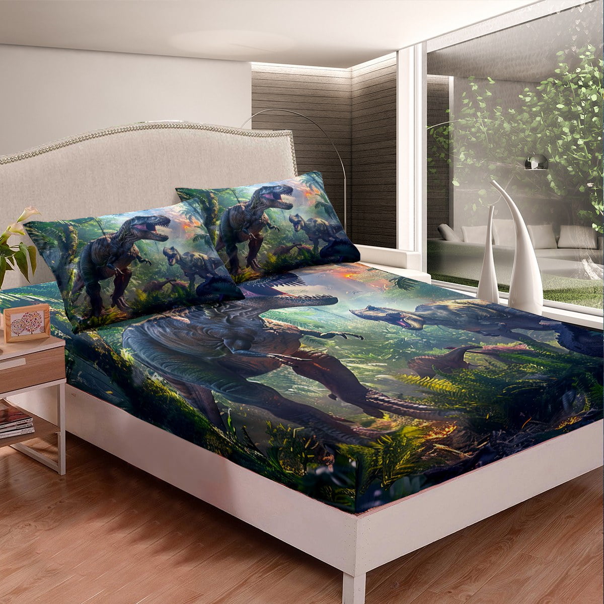 3D Realistic Dinosaur Bed Sheets ,Tropical Jungle Wild Animals Bedding Set Dino Fitted Sheet Twin,Paleontology Dinosaurios Sheets Room Decor