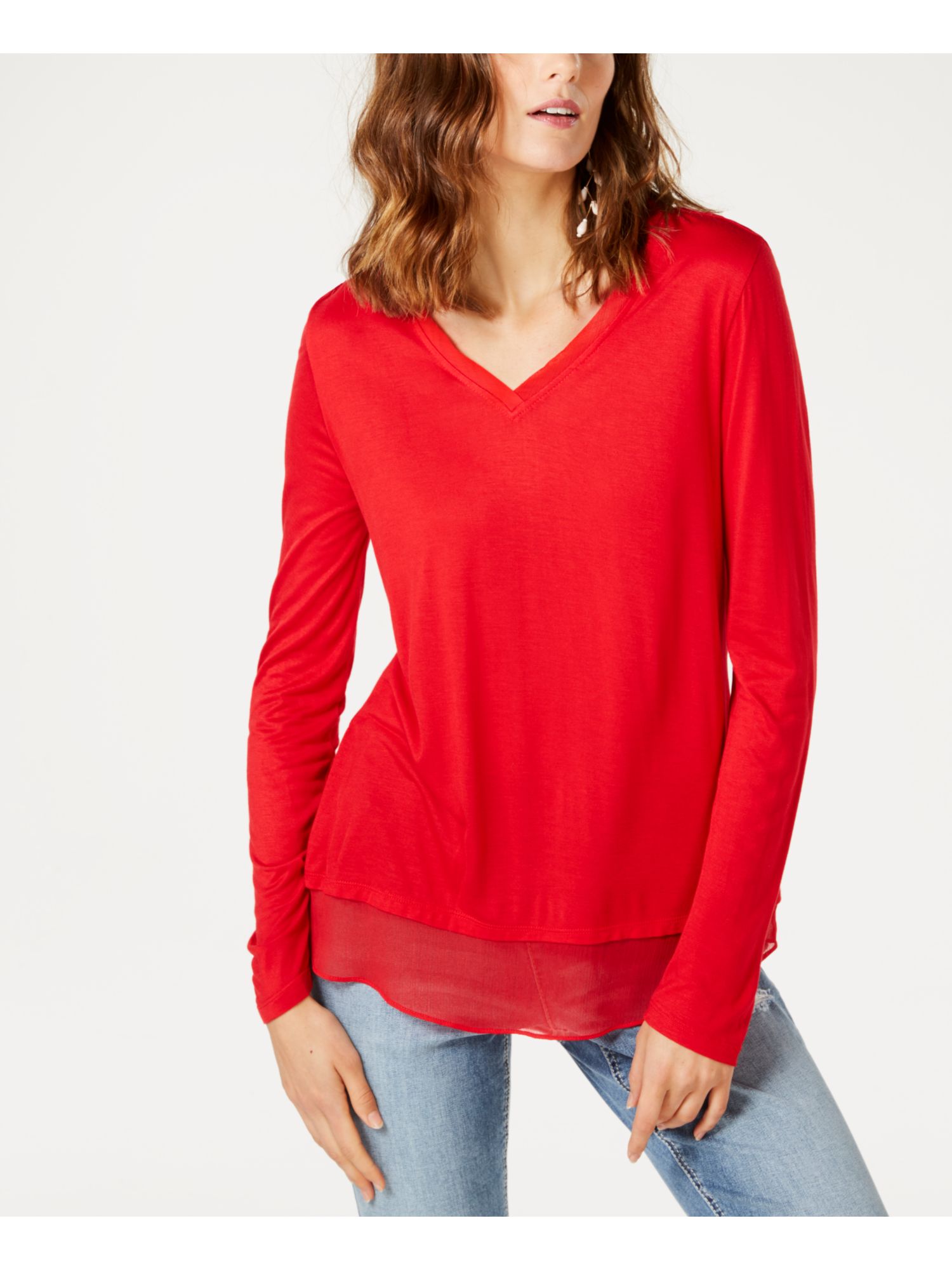red sheer long sleeve top