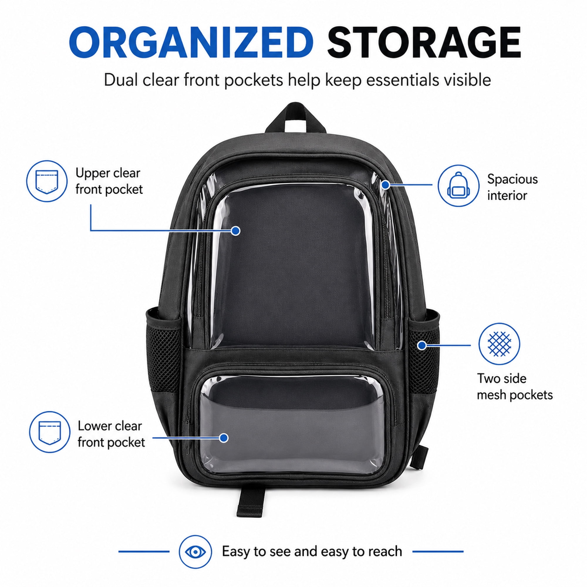 Large Clear Backpack with Dual Front Pockets, Padded Adjustable Straps and Side Mesh Pockets for School, Work & Travel