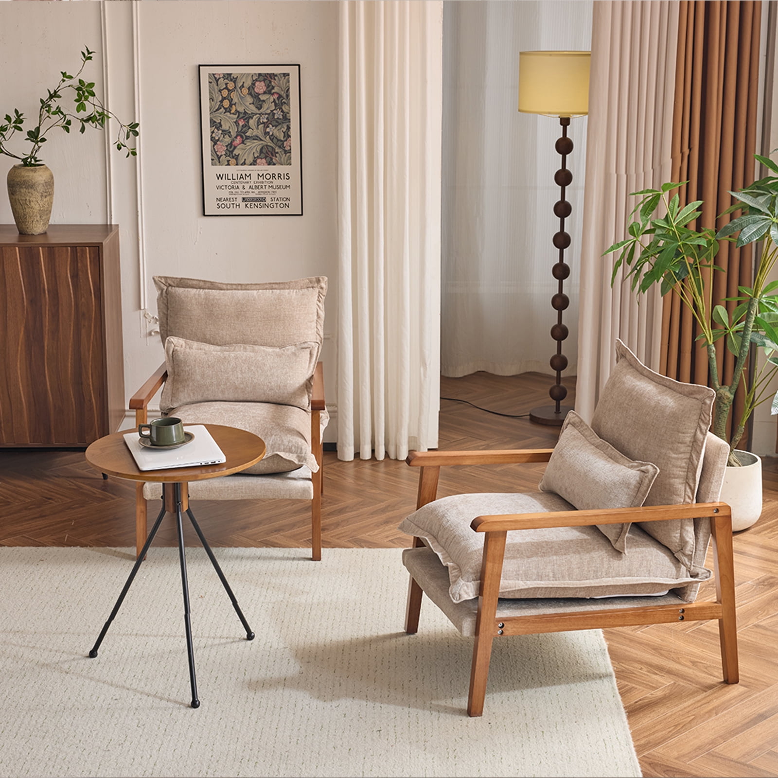 Cloud Shaped Khaki Chenille Accent Chair, Solid Wood Frame with Light Walnut Armrest, Ergonomic Single Leisure Sofa Chair with Lumbar Pillow for Bedroom Living Room Office