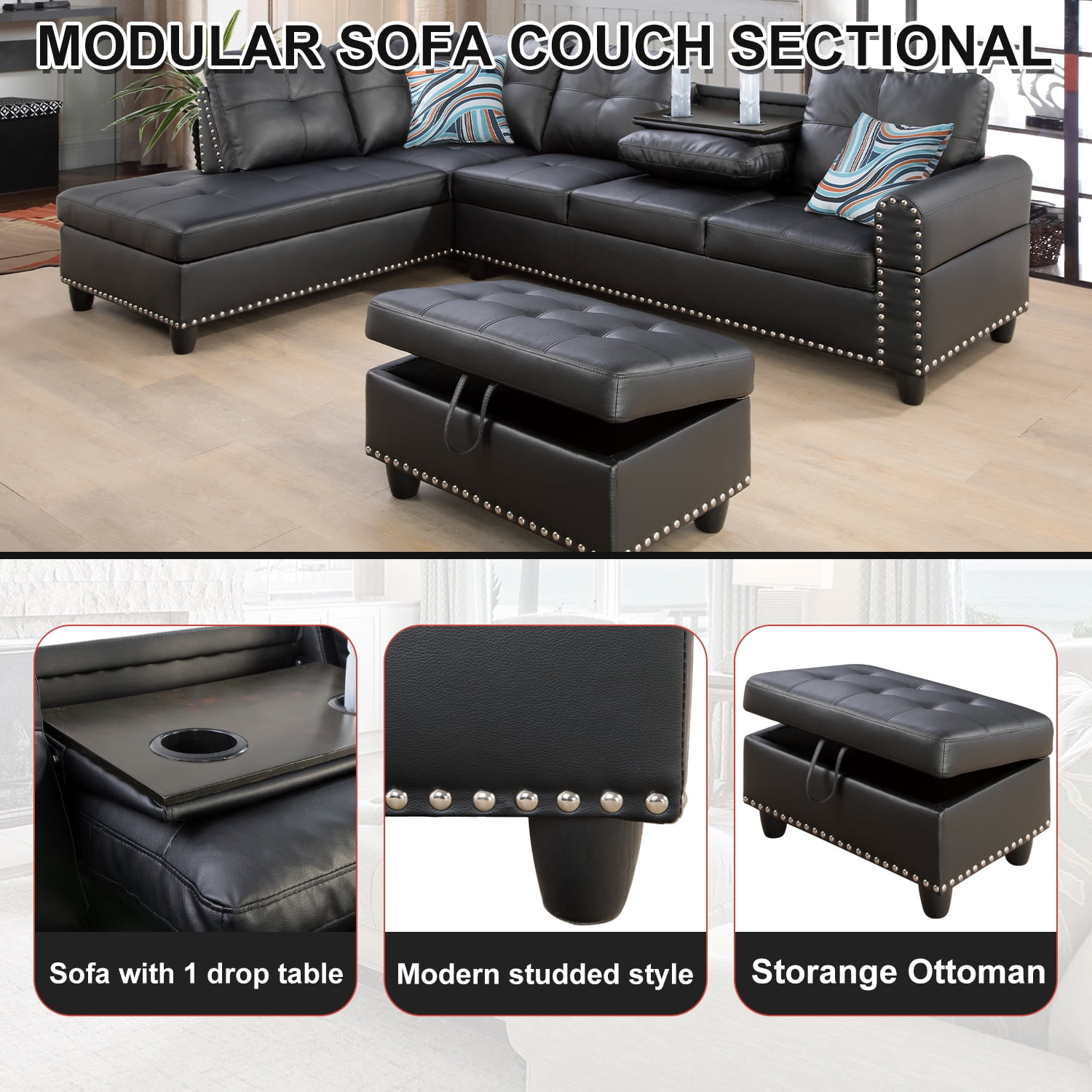 Sectional Sofa Couch, Modern 4-Seaters Living Room Furniture Sets with Chaise Lounge, Ottoman, L Shape Couch | Cup Holder | Faux PU Leather, Black