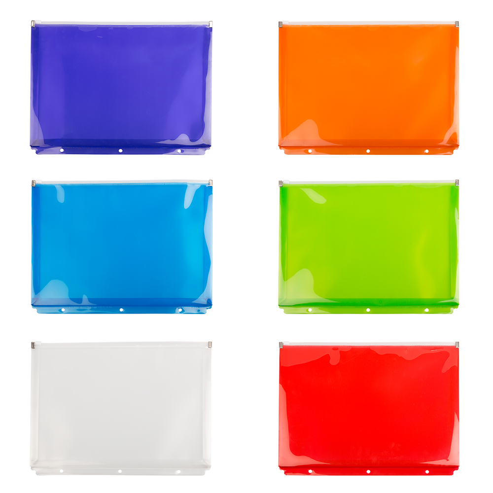 JAM Paper Plastic 3 Hole Punch Zip Envelopes, 9 3/4 x 13, Assorted Multicolor, 6 per Pack