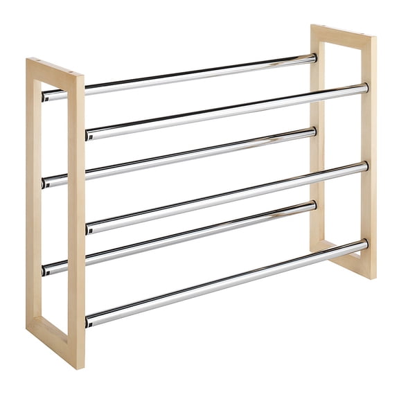 Whitmor 3-Tier Wood & Metal Shoe Rack, Space-Saving Expandable & Stackable Shoe Organizer, 18-Pair Capacity, Natural Wood & Chrome