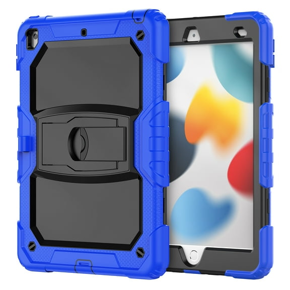 iPad 10.2 Case (9th/8th/7th Generation, 2021/2020/2019 Release), Dual Layer Shockproof Heavy Duty Rugged Hybrid Kickstand Protective Cover with Shoulder Strap & Pencil Holder, Blue