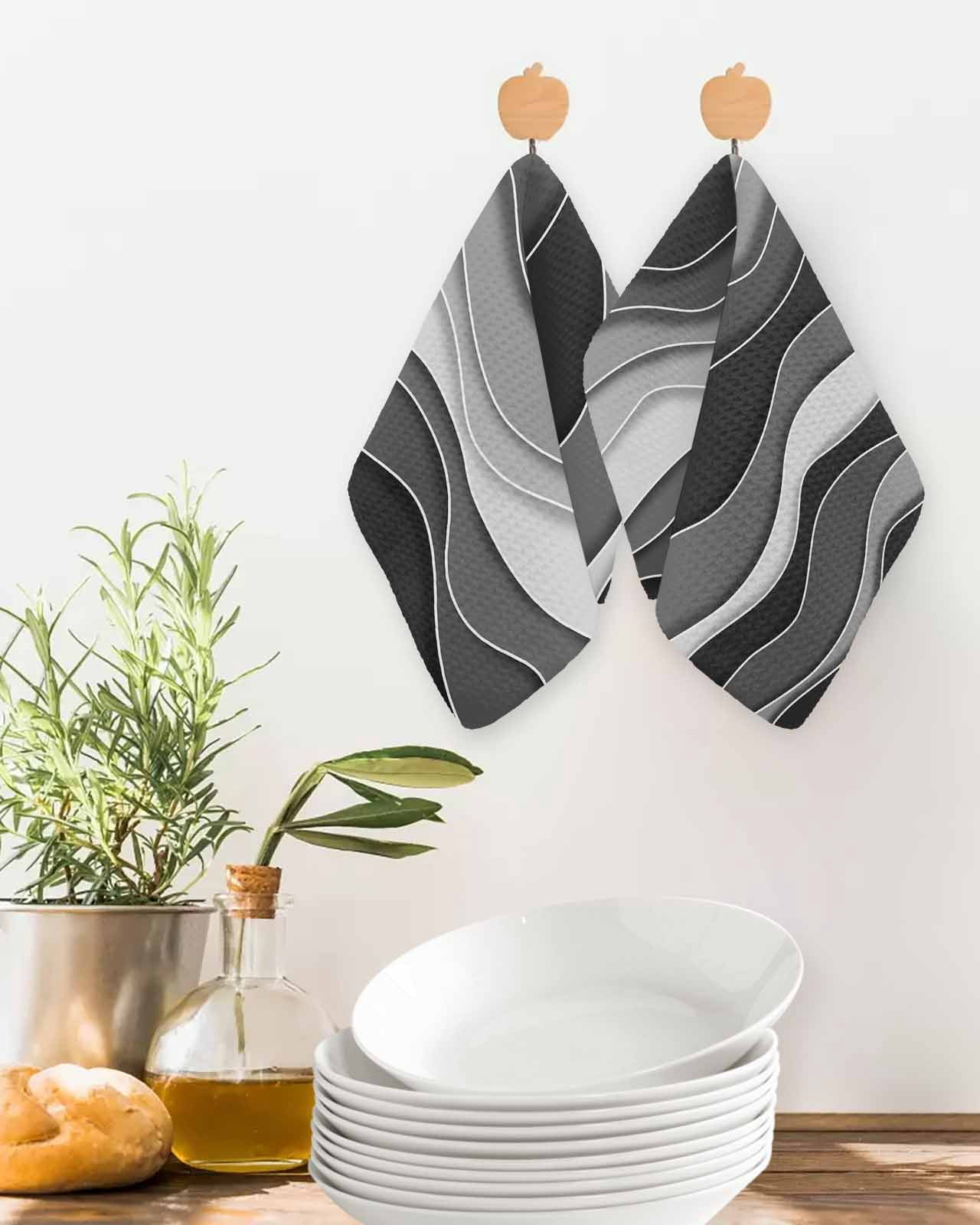 Black Stripes Kitchen Dish Towels for Drying Dishes Set of 4, Modern Simple Greyish Gradient Lines Waffle Weave Microfiber Terry Hand Tea Bathroom Towels Quick Dry & Absorbent Towel 12x12