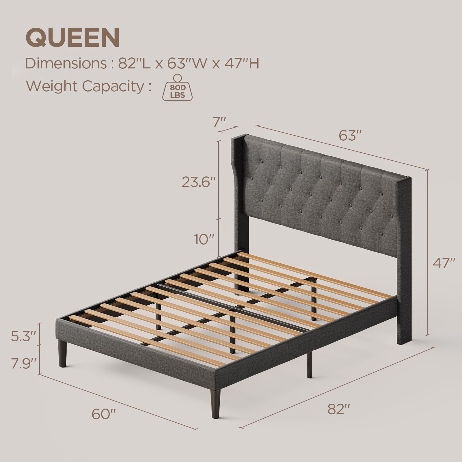 Queen Bed Frame, Queen Size Bed Frame with Wood Headboard and Footboard, Under Bed Storage, 800lbs, Gray