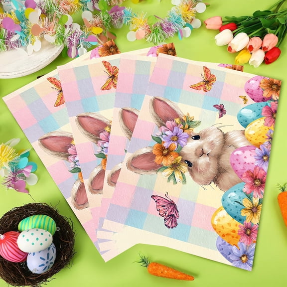 MIZHONA Spring Easter Placemats Set of 4,Happy Easter Cute Rabbit and Eggs Butterfly Table Place Mats 12x18 inch
