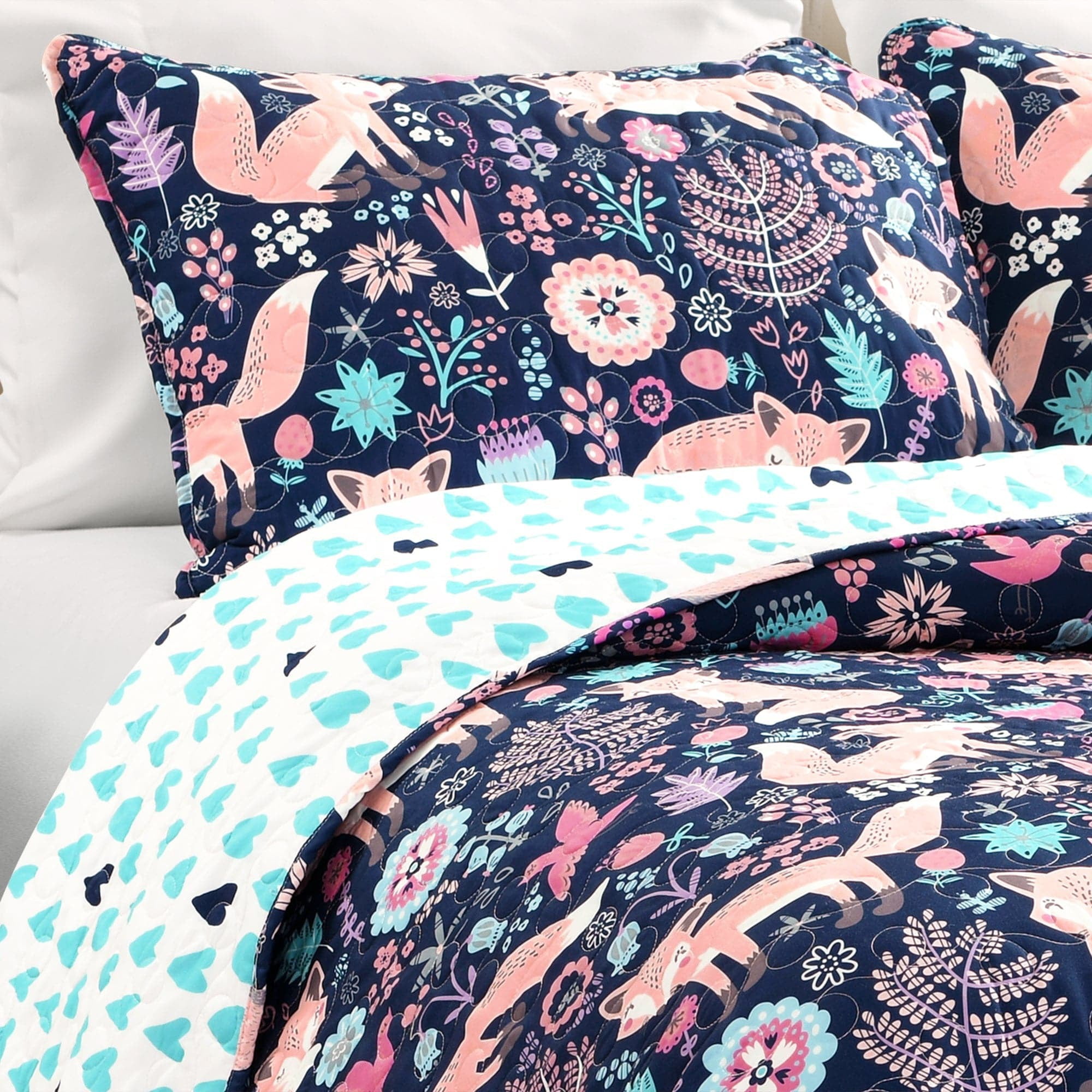 Lush Decor Pixie Fox Kids Animal Print Polyester Reversible Quilt, Twin, Navy/Pink, 3-Pc Set