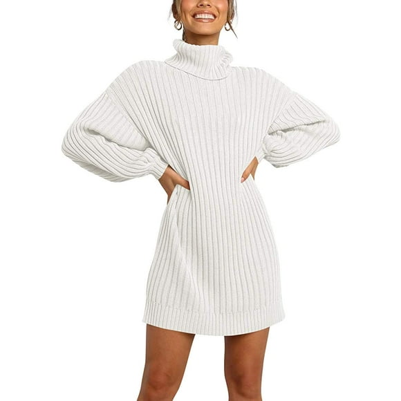 Women Turtleneck Long Lantern Sleeve Casual Loose Oversized Sweater Dress Soft Winter Pullover Dresses