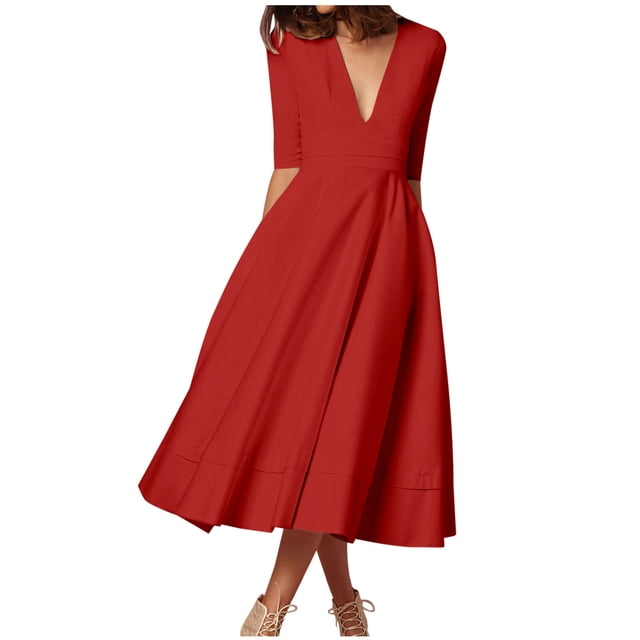 Meichang Robe Femme à Manches 3/4, Coupe Trapèze, Aguichant, Décolleté en V Profond, Robes Maxi avec Poches, Robe d'Été Évasée et Évasée, Douce et Extensible, Robe de Bal, de Soirée, de Fête