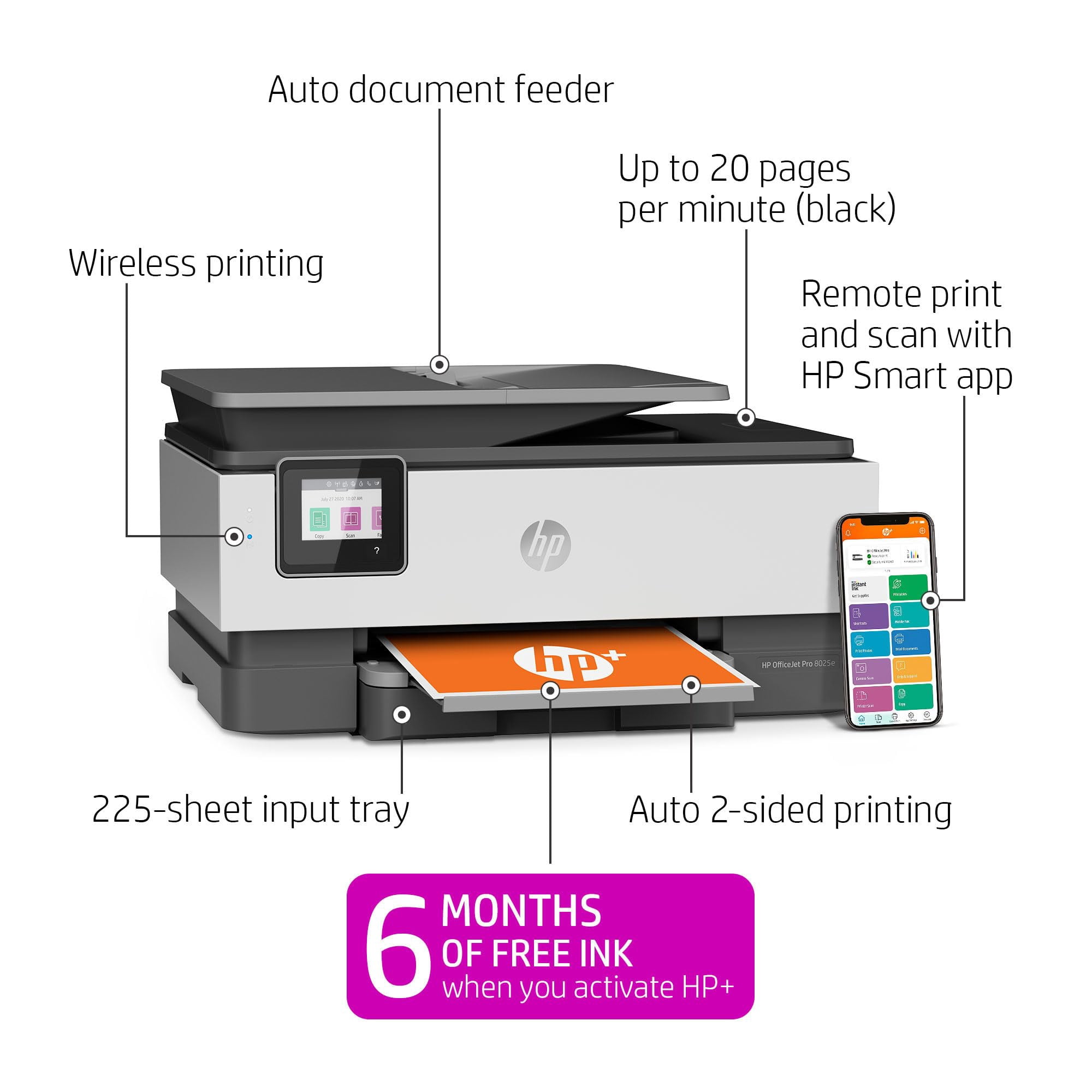 HP OfficeJet Pro 8025e Wireless All-in-One Color Printer with 6 months Free Ink with HP+ (1K7K3A)