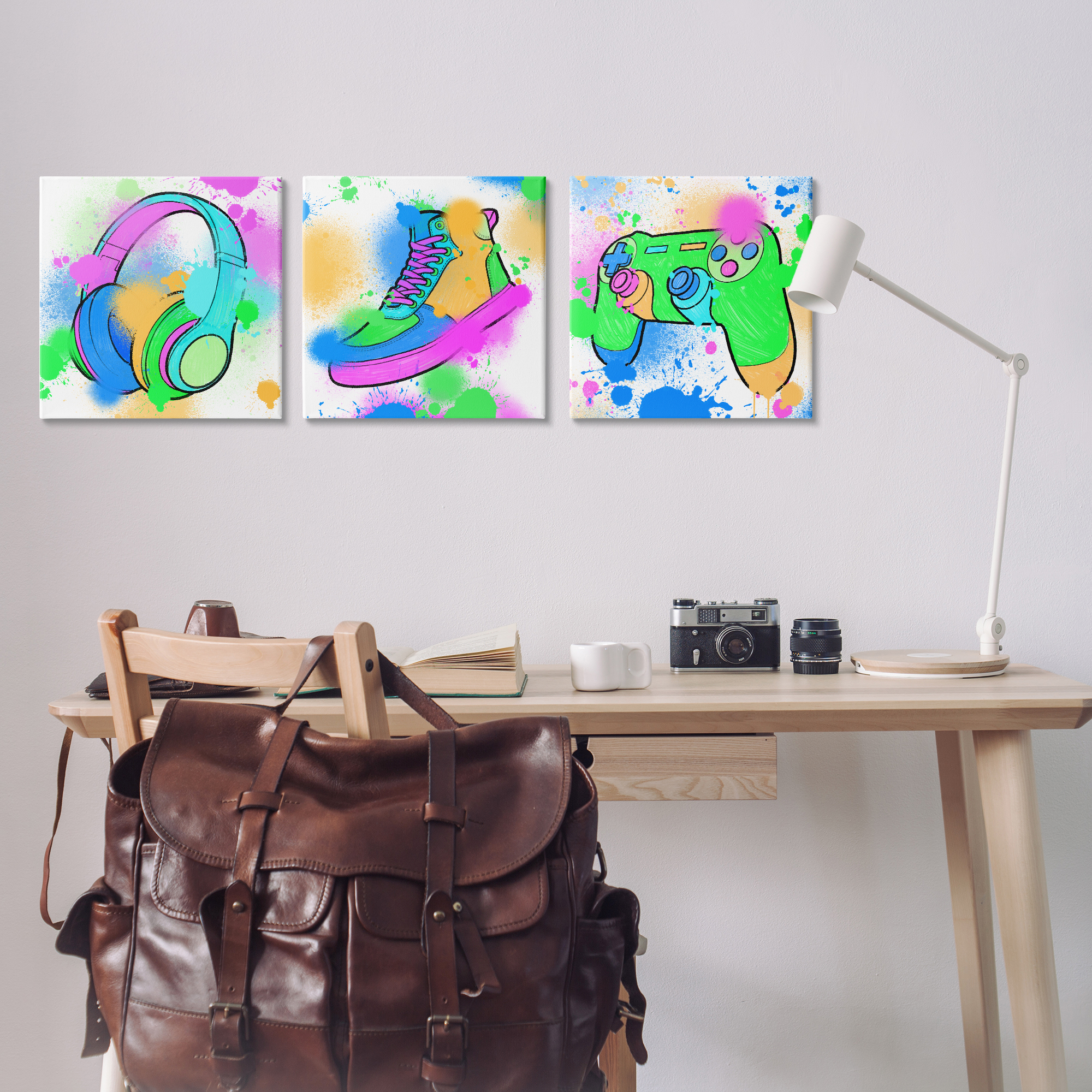 Stupell Industries Urban Gaming & Sneakers Entertainment Painting Wrapped Canvas Art Print Wall Art, 17 x 17, Set of 3