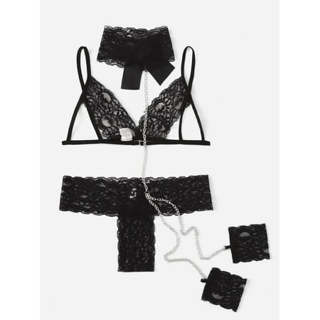SkyAuks Sexy Lingerie for Women  Lace Half Cup Bra and Thong Lingerie Set with Chain  Black(M)
