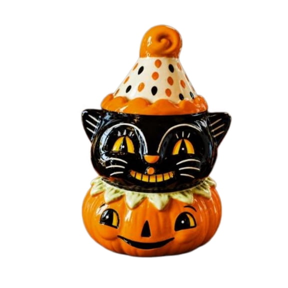 Retro Halloween Ceramic Candy Jar with Lid, Glossy Black Cat Stacked Pumpkin Decorative Canister, Wide Mouth Airtight Storage Container for Cookies Treats, Table Mantel Shelf Decor & Halloween Gift