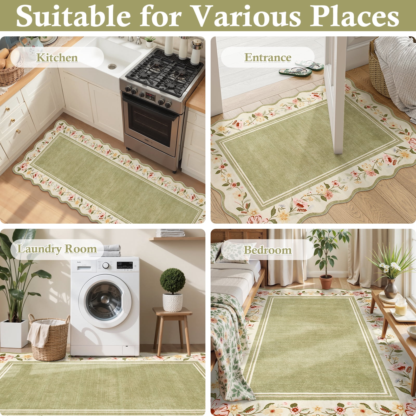 Lahome 2'x3' Boho Floral Washable Small Rug,Ultra-Thin Scalloped Rug, Non-Slip & Stain Resistant,Soft Low-Pile Mat for Kitchen, Bathroom, Bedroom Front Door Indoor Entrance (2x3ft,Green)
