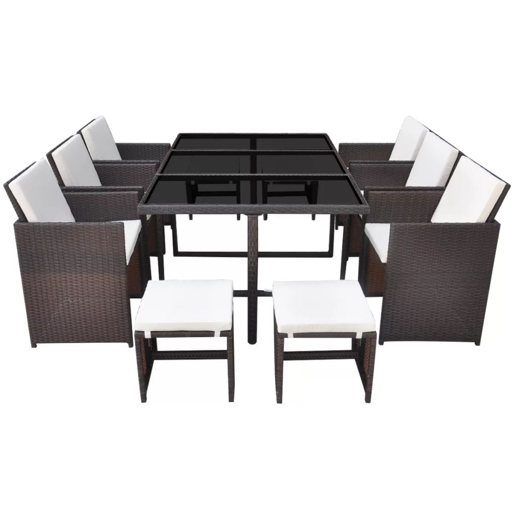 Kepooman 11 Pcs Patio Rattan Dining Table Sets with Glass Table for Outdoor Garden, Brown