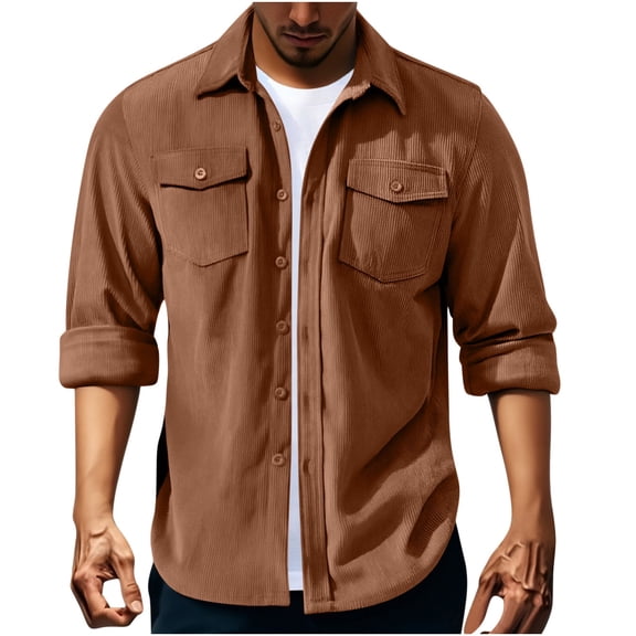 Corduroy-Shirts for Men with Pockets Long Sleeve Button-Down Collared Tshirts Shirt Mens Casual Solid Color Lapel Going-Out Work Shackets Tops
