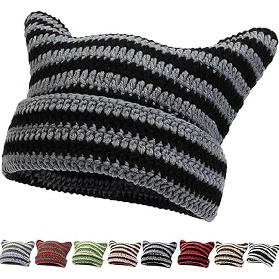 Cat Ear Beanie for Women, Crochet Knit Cat Hat, Soft Slouchy Grunge-Style Beanie for Casual Wear(Q)