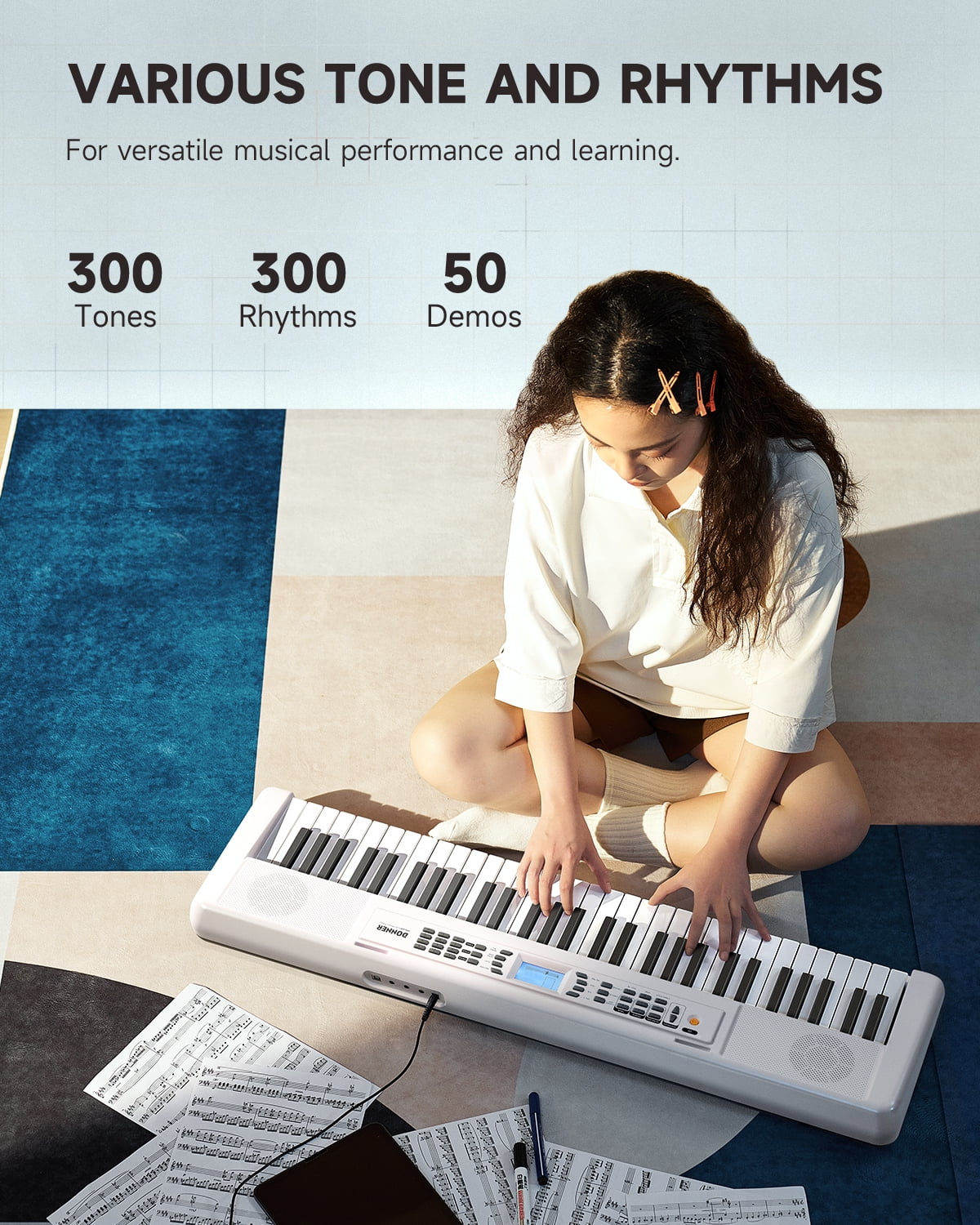 Donner DEK-200 61 Key Electronic Piano Keyboard Set, Auto Accompaniment, Record, Includes 300 Tones, with Stand, Bench, Microphone, White