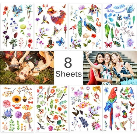 TRICOLOUR 8 Sheets Flower Temporary Tattoos Stickers for Women Girls & Kids Fake Tattoo Body