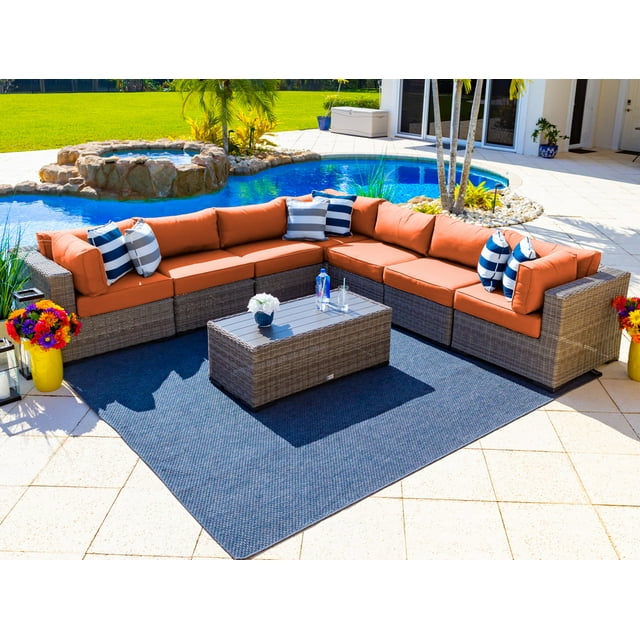 Tuscany 8-Piece Resin Wicker Outdoor Patio Furniture Sectional Sofa Set with Seven Modular Sectional Seats and Coffee Table (Half-Round Gray Wicker, Sunbrella Canvas Tuscan)