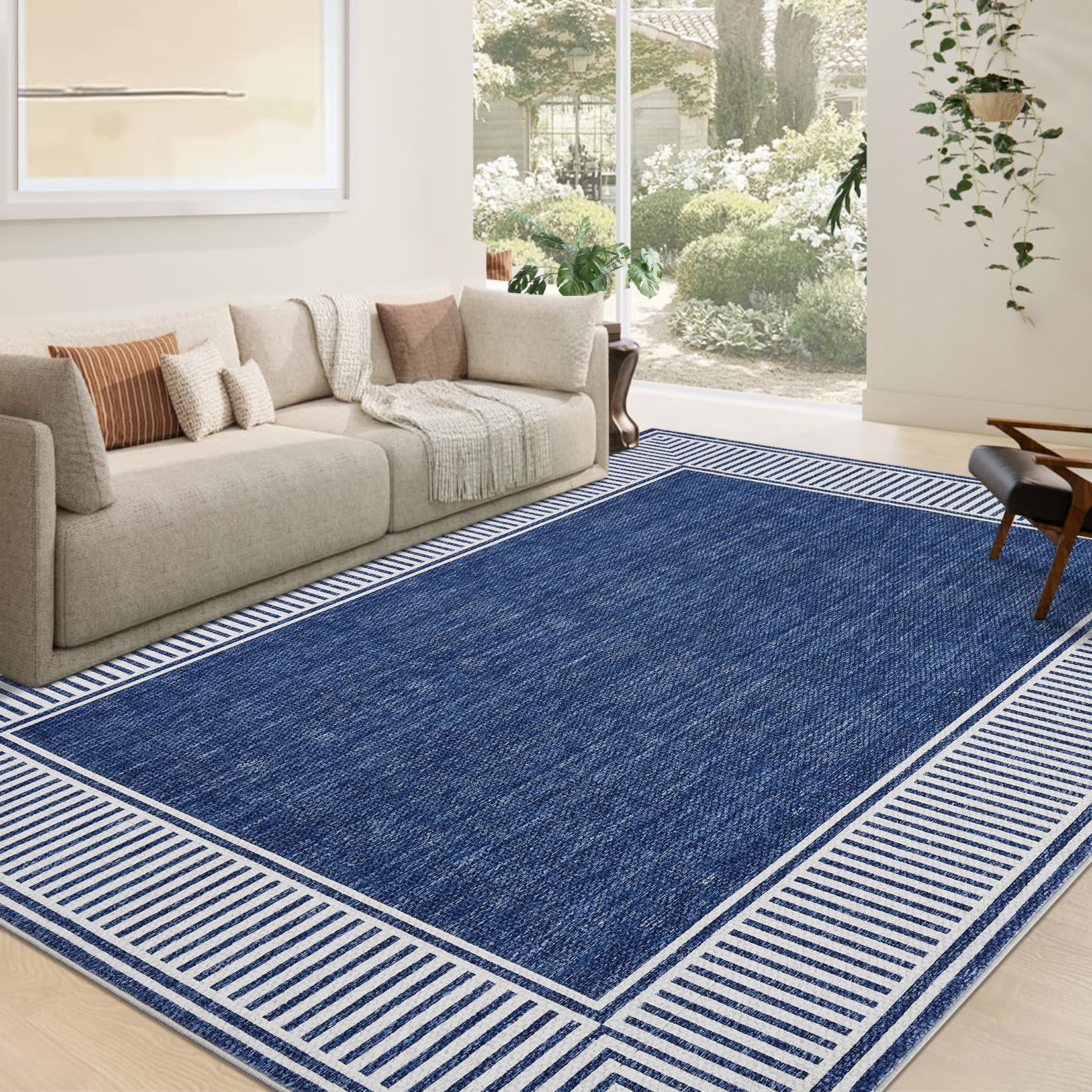 Garvee Indoor Bordered Area Rug, 5'x7' Modern Non Slip Rubber Backing Washable Rug Low Pile Striped Rugs Carpet for Bedroom Living Room Nursery Office, Blue