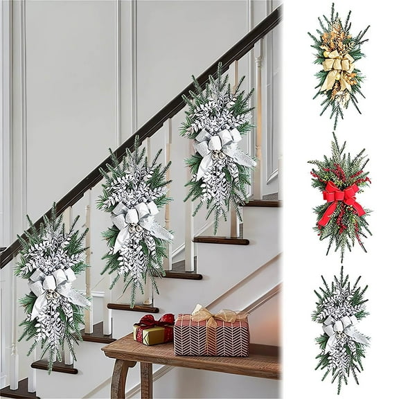 Christmas Artificial Swags, 23.6" Xmas Cordless Stairway Swag Teardrop Trim Wreath Door Stair Garland Christmas Swags for Indoor Outdoor Home Decor