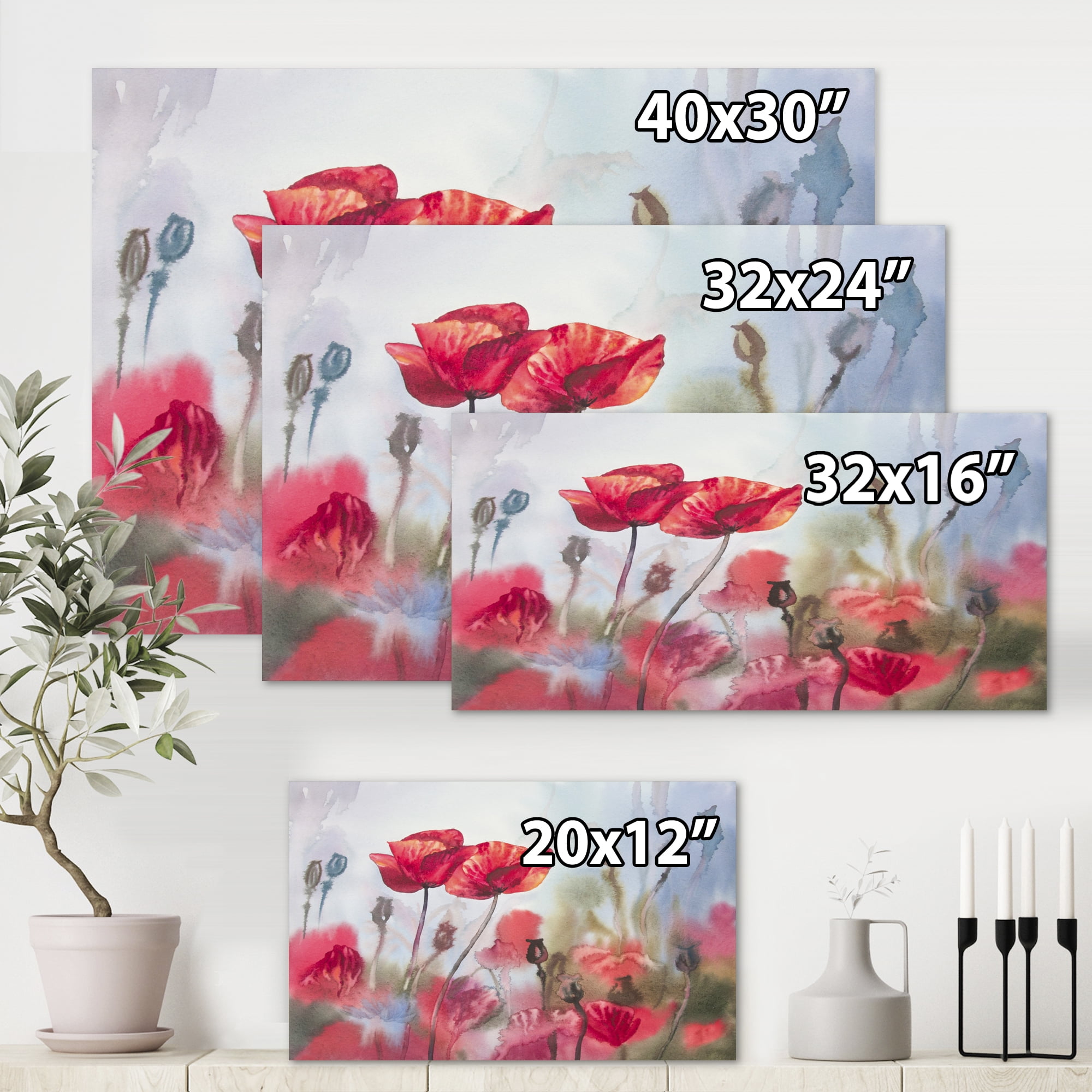 Designart ' Blossoming Red Poppies In The Meadow ' Traditional Canvas Wall Art Print