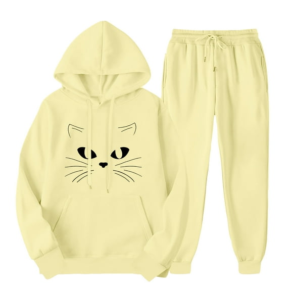 LMKIHUSA Women Sweat Outfits,Womens Hoodies Sweatsuit Set Cat Print Fleece Hooded Sweatshirt Matching Drawstring Elastic Waist Jogger Sweatpants 2 Piece Tracksuits with Pockets,Yellow,M