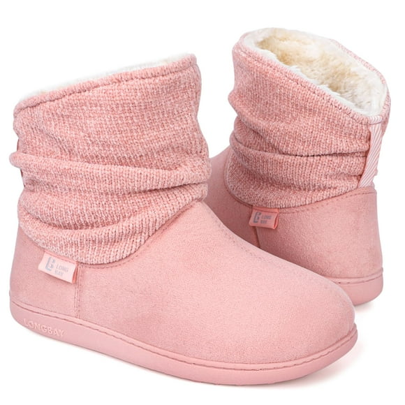 Longbay Women's Warm Chenille Knit Bootie Slippers Memory Foam Comfy Suede Fluffy Faux Fur Memory Foam Boots House Shoes (Large / 9-10, Pink)