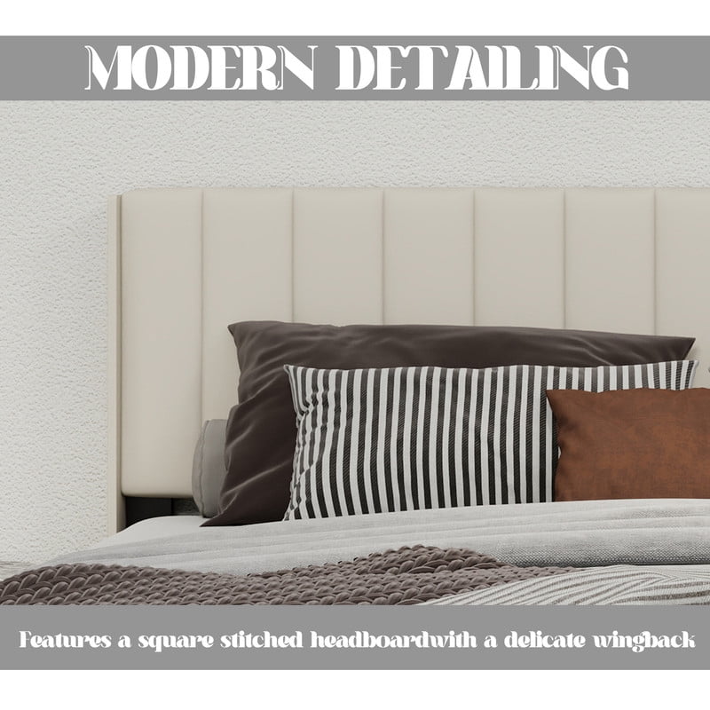 Pillfn Upholstered Platform King Size Bed Frame with Headboard Wooden Slats Support,Beige