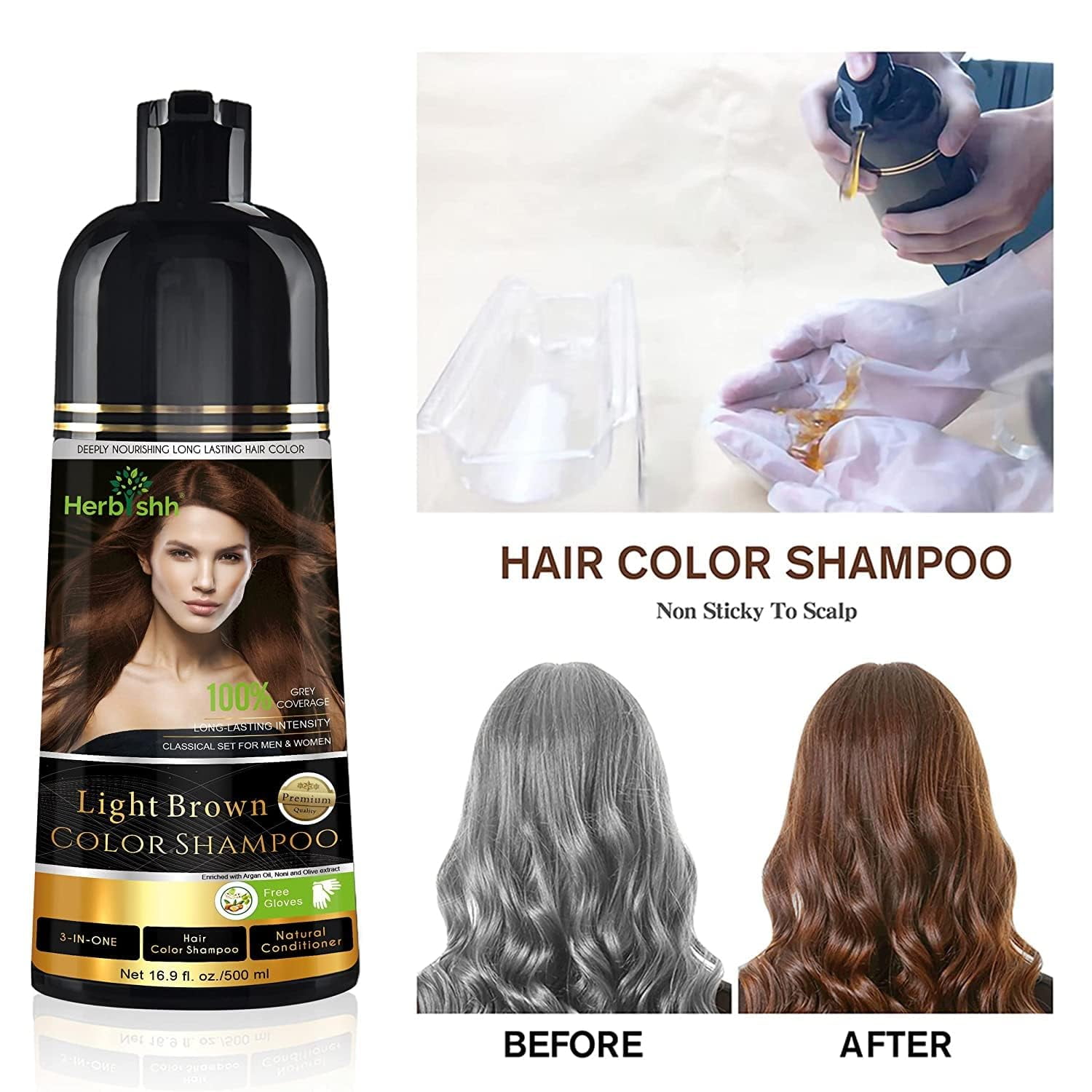 (4 pack) Herbishh After Color Shampoo Combo Contains Hair Color Shampoo Hair Dye 500ml Argan Oil 30ml Pro Keratin And Argan Hair Mask, Hair Straightening, Shine And Protection For Men And Women (Light Brown)