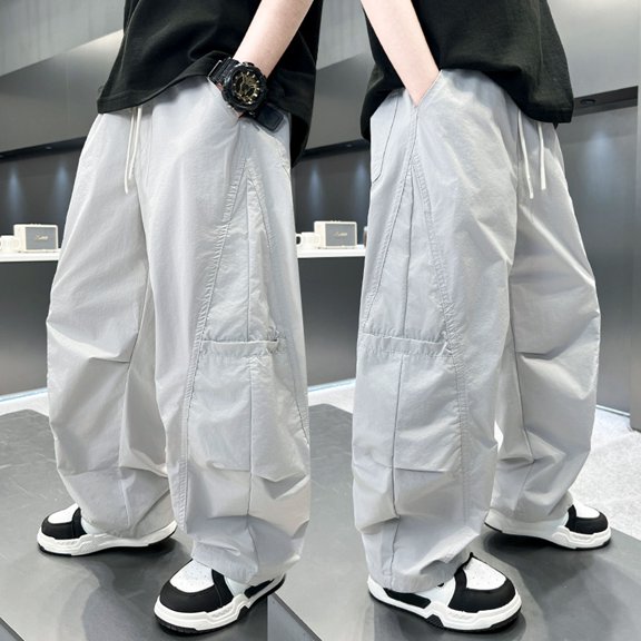 Swanpen Boys Cargo Pants Elastic Summer Loose Fit Lightweight Trousers, Drawstring Sweatpants for Kids 5-15Y Grey