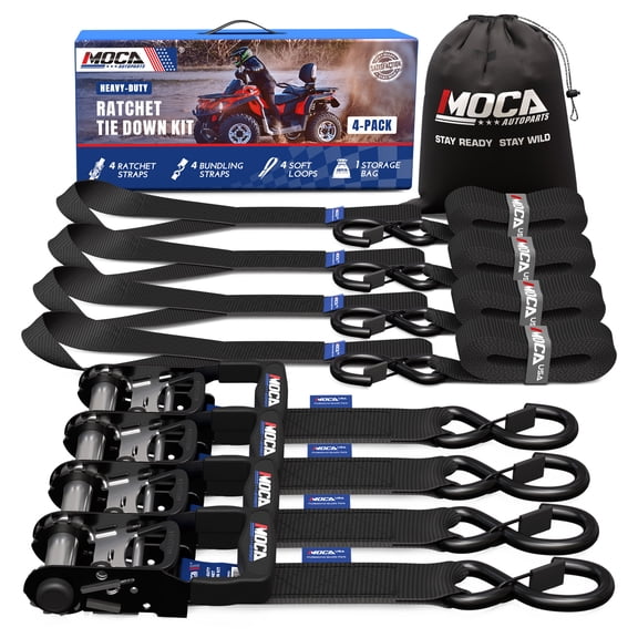MOCA Heavy Duty Ratchet Tie Down Straps - 5200 Lbs Breaking Strength 1.6" x 8', with 4 Heavy Duty Ratchet Padded Handles & Coated Chromoly S Hooks & 4 Soft Loop Tie-Downs - Black