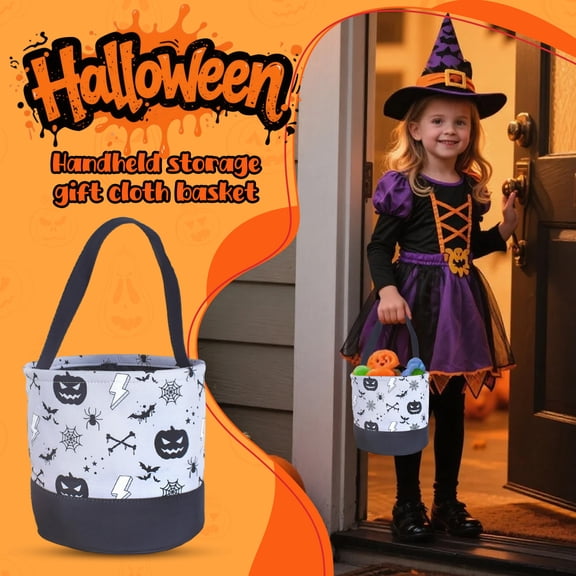 Halloween Candy Bag Basket, Plastic Large Capacity Handheld Treat Tote with Pumpkin Bat Spider Prints, Trick Or Treat Gift Storage Basket for Halloween Party