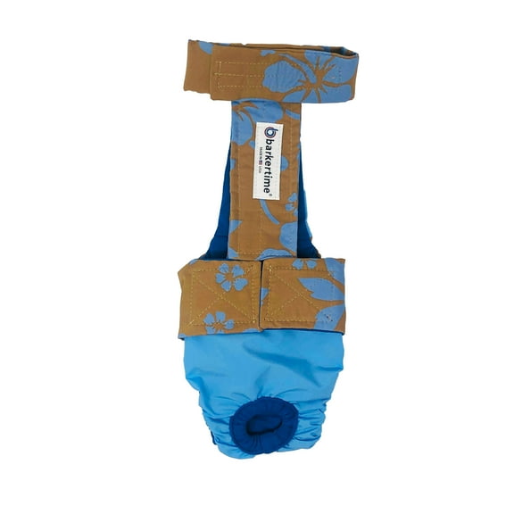 Barkertime Blue Hawaiian Hibiscus Brown on Aqua Blue Dog Diaper Overall