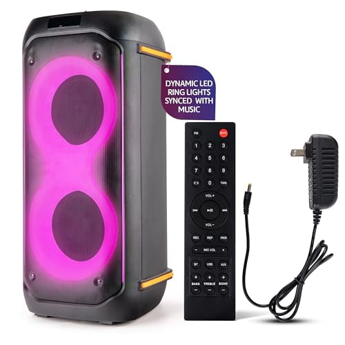 Pyle Compact Bluetooth PA Party Speaker System – 160W Portable Karaoke Machine with Built-in Battery, TWS, Mic Priority, USB/SD/BT/FM, Flashing LED Lights, Dual 6.5" Speakers, 11.6" x 11.6" x 25.2"
