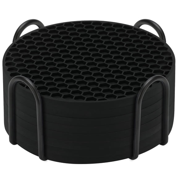 Genreen Silicone Coasters Set of 8 with Holder, Non-Stick Drink Coasters for Wooden Tables, Heat Resistant & Anti-Slip Tabletop Protection, Black