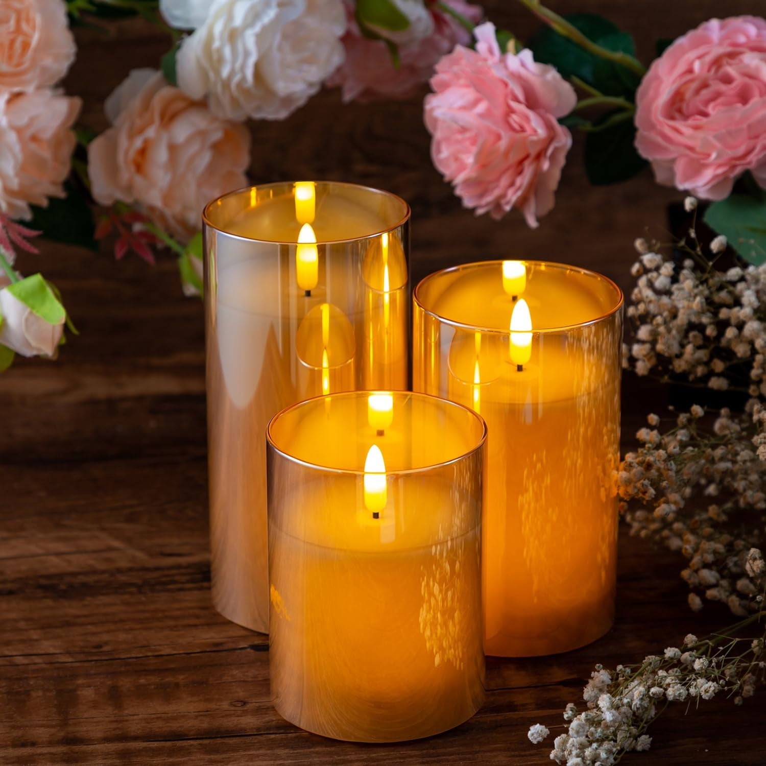 Flameless Candles Flickering with Remote, LINKPAL 3 Pack Candles Battery Operated with Timer, Plexiglass LED Candles for Home Table Decor, Gold