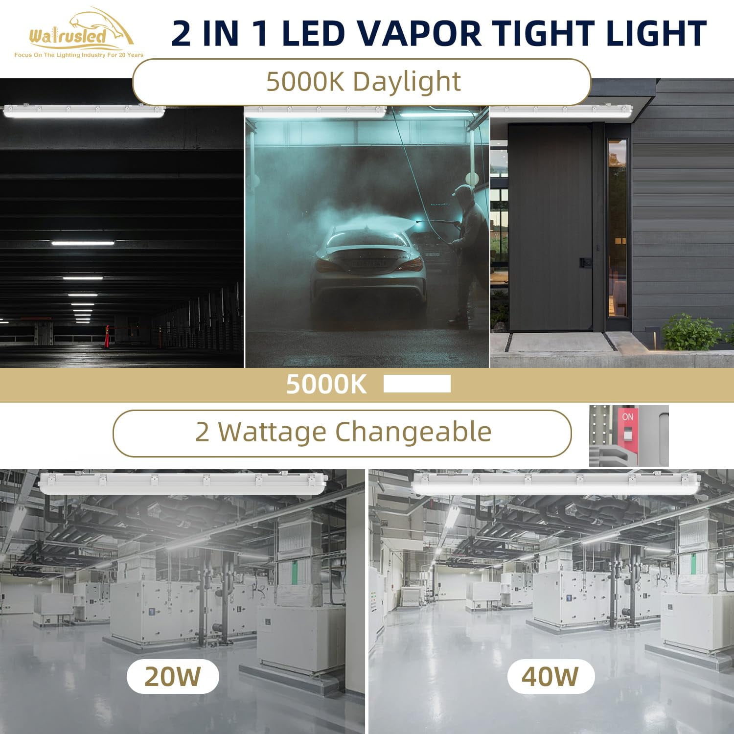 4FT Tri-Level Sensor LED Vapor Tight Emergency Light w/Remote, Battery Backup IP65 40W 5000lm Waterproof LED Outdoor Shop Light, 5000K, 100-277V, 0-10V Dimmable 4 Foot Carport Vapor Proof Fixture,FCC