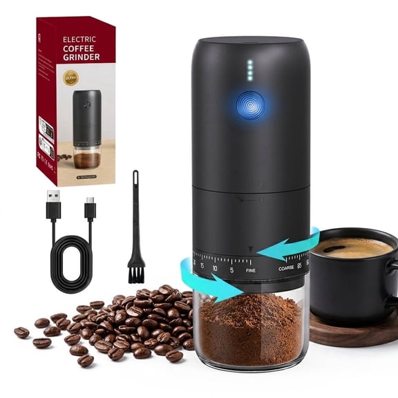 Portable Electric Burr Coffee Grinder, 90 Precise Grind Settings with Visible Glass Jar, Cordless Ceramic Burr Mill for Travel, Home and Office