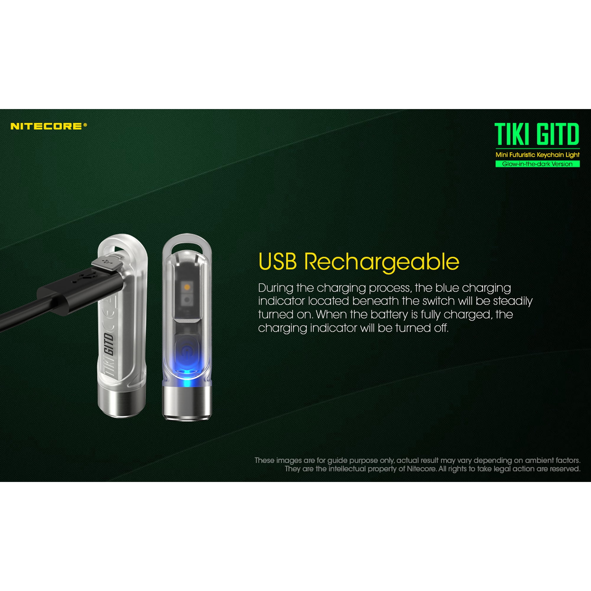 Nitecore TIKI GITD OSRAM P8 LED Rechargeable Keychain Flashlight, 300 Lumens, Green, 6952506406258