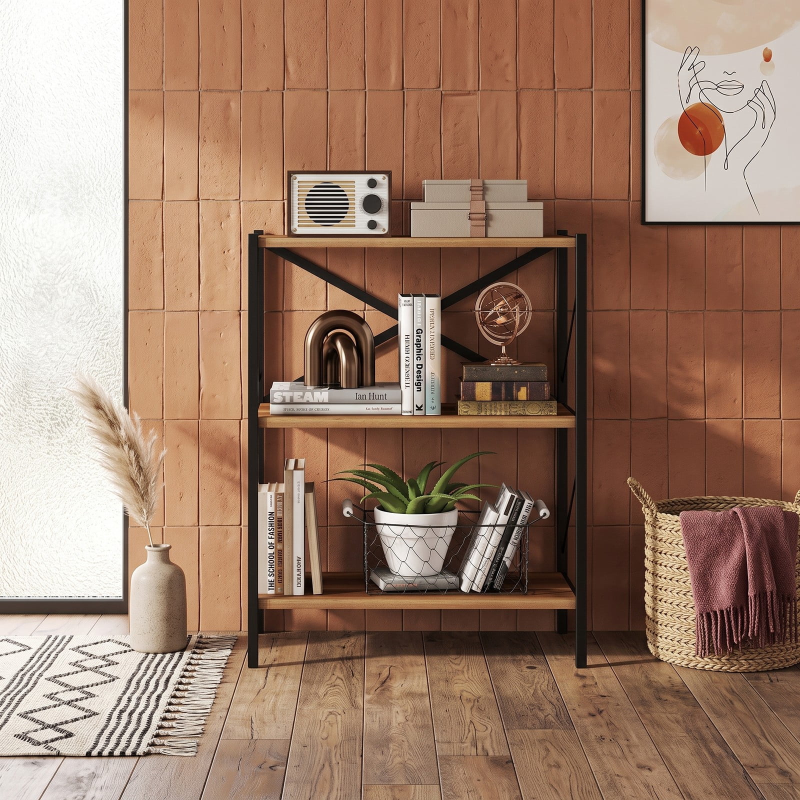 Furnibear 3-Tier Bookshelf with Heavy-Duty Metal Frame, Freestanding X-Braced Bookcase Storage Organizer Shelf with Anti-Tipping Device for Living Room, Home, Walnut