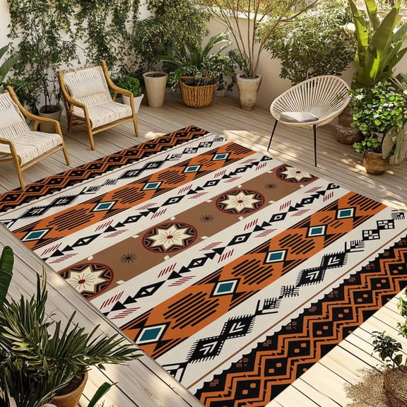 Brown Beige Boho Outdoor Rug for Patio/Deck/Porch, Non-Slip Large Area Rug 4 x 6 Ft, Vintage Ethnic Tribe Abstract Art Retro Indoor Outdoor Rugs Washable Area Rugs, Camping Rug Carpet Runner