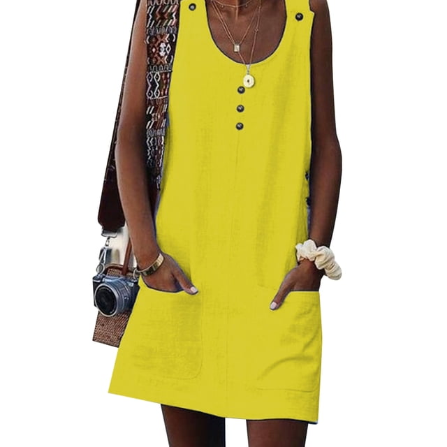 Robe Mini Décontractée pour Femmes Boho Sans Manches Col Rond Tunique de Fête Hauts Longs Amples Boutons Robes de Plage d'Été Vacances
