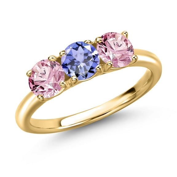 Gem Stone King 18K Yellow Gold Plated Silver Blue Tanzanite and Pink Lab Grown Diamond Engagement Ring for Women | 1.46 Cttw | Round 5MM | Gemstone December Birthstone | Size 7