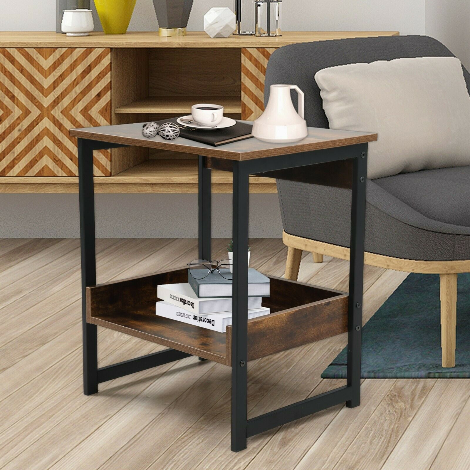 Private Jungle 2-Tier Industrial End Side Table Storage Shelf Wood Board and Metal Frame,Brown Private Jungle 2-Tier Industrial End Side Table Storage Shelf Wood Board and Metal Frame,Brown
