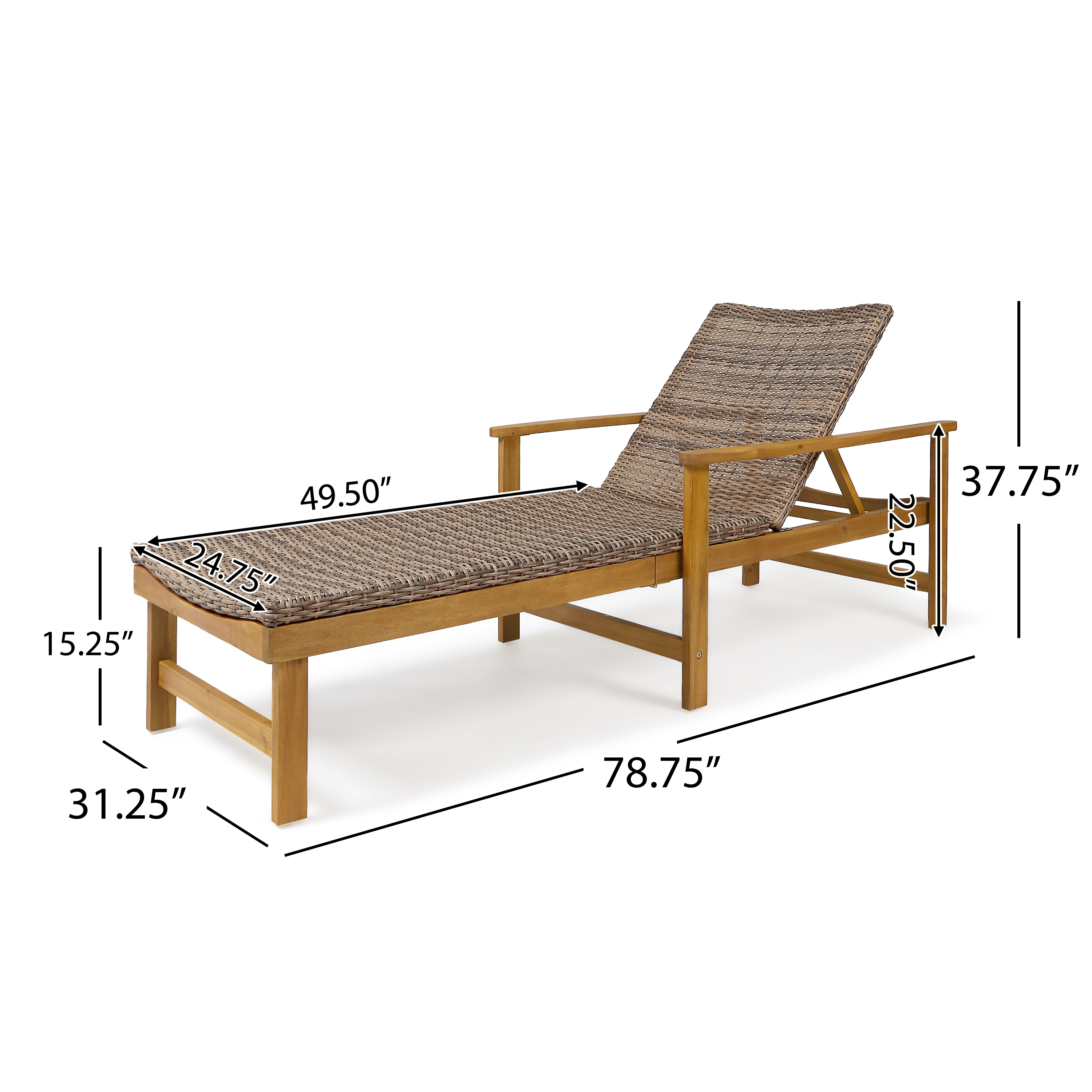 Kyle Outdoor Rustic Acacia Wood Chaise Lounge with Wicker Seating, Natural and Gray - image 2 of 8