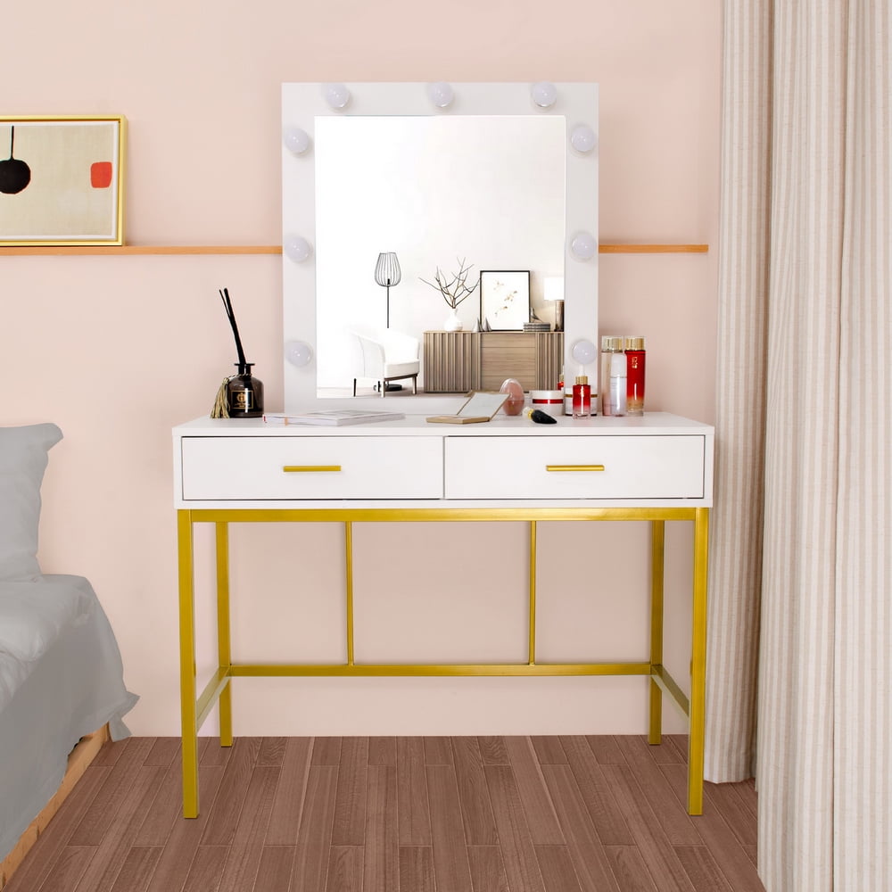 Lowestbes Dimmable Lights Makeup Table, Vanity Table with Single Mirror and Two Drawer Lowestbes Dimmable Lights Makeup Table, Vanity Table with Single Mirror and Two Drawer